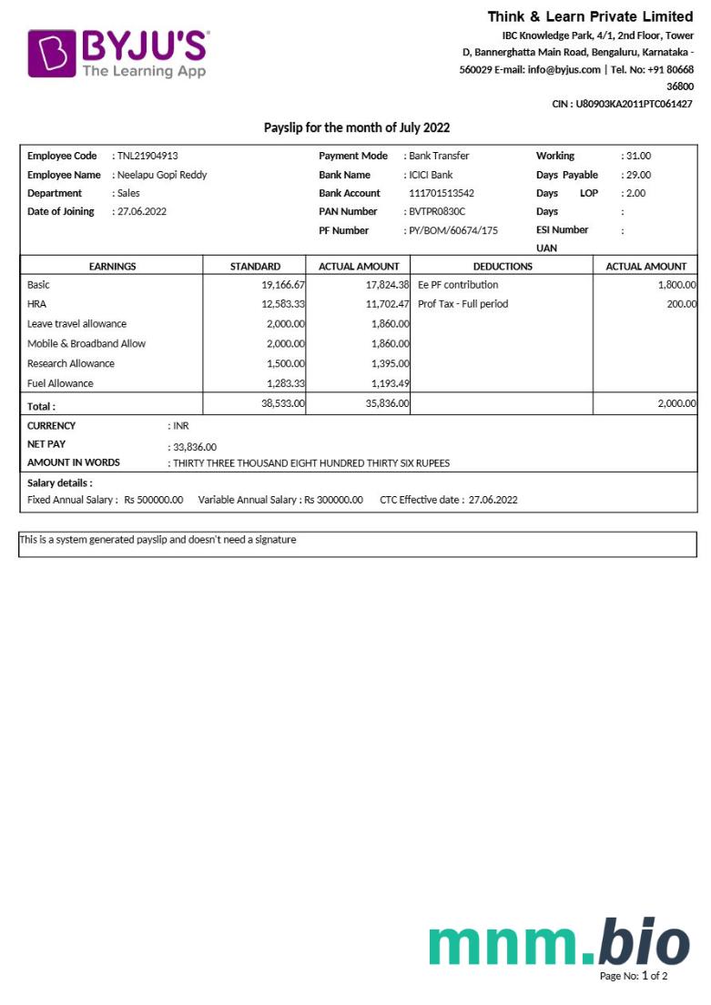 Byju-s learning app payslip template w formatach Word i PDF